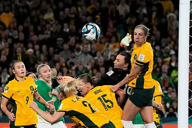 Australia's Caitlin Foord, Ellie Carpenter, Clare Hunt, Mackenzie Arnold and Alanna Kennedy, left to right, defend a Republic of Ireland corner