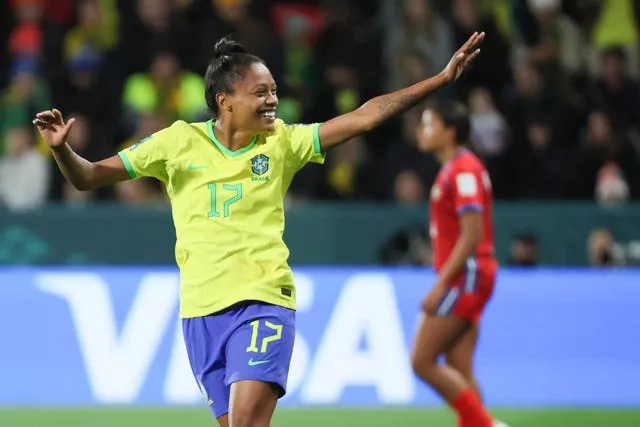 Ary Borges celebrates one of her three goals against Panama 