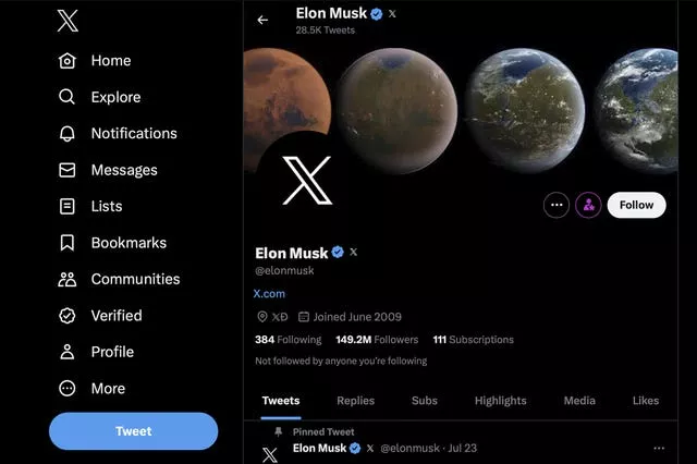 Screenshot showing Elon Musk’s Twitter page with the new X logo 