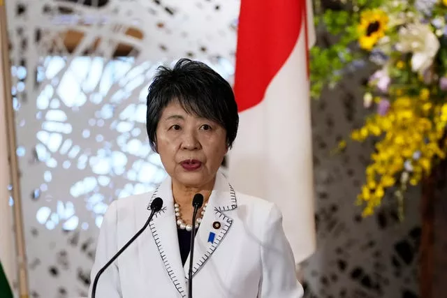 Japanese foreign minister Yoko Kamikawa speaks at a lectern