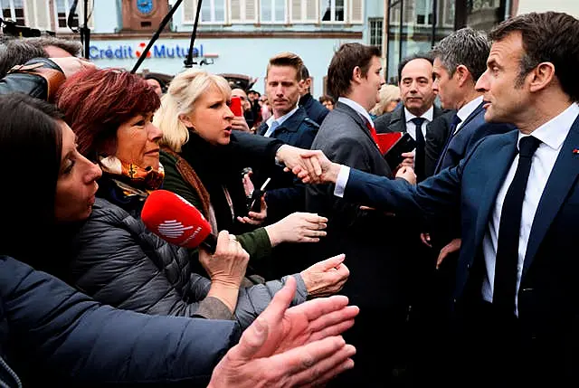 French President Emmanuel Macron meets residents in Selestat, eastern France