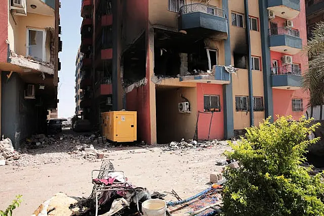 Residential buildings damaged in fighting are seen in Khartoum, Sudan