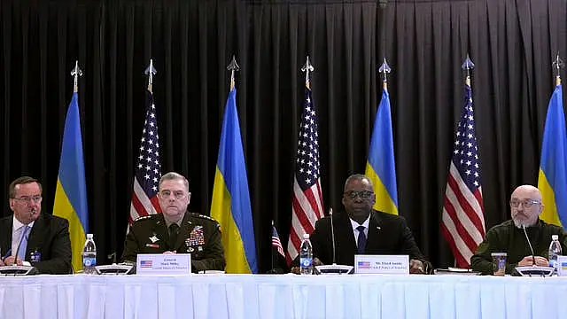 From left: German defence minister Boris Pistorius, US chairman of the Joint Chiefs of Staff Mark Milley, US defence secretary Lloyd Austin and Ukrainian minister of defence Oleksii Reznikov, attend the opening meeting of the Ukraine Defence Contact Group at Ramstein Air Base in Germany