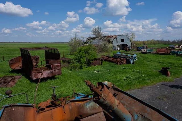 Destroyed farm machinery and warehouse in Potomkyne, Kherson region, Ukraine