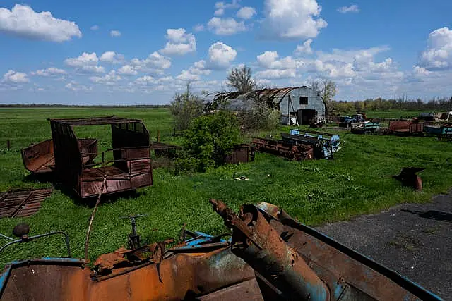 Destroyed farm machinery and warehouse in Potomkyne, Kherson region, Ukraine