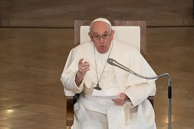 Pope Francis speaking at St Elizabeth of Hungary Church in Budapest 