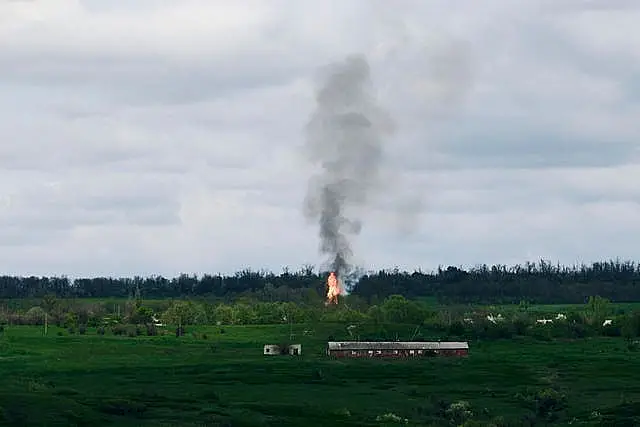 Fire and smoke after artillery shelling near Bakhmut, an eastern city where fierce battles between Ukrainian and Russian forces have been taking place, in the Donetsk region of Ukraine