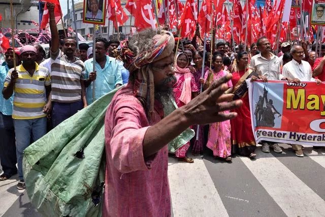 A rally to mark May Day in Hyderabad, India