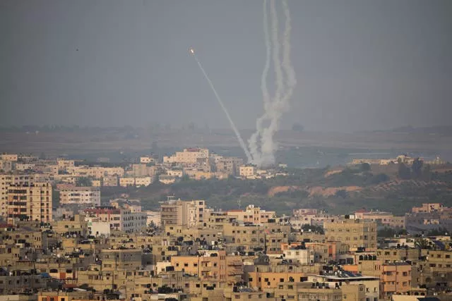 Rockets are launched from the Gaza Strip towards Israel, in Gaza City