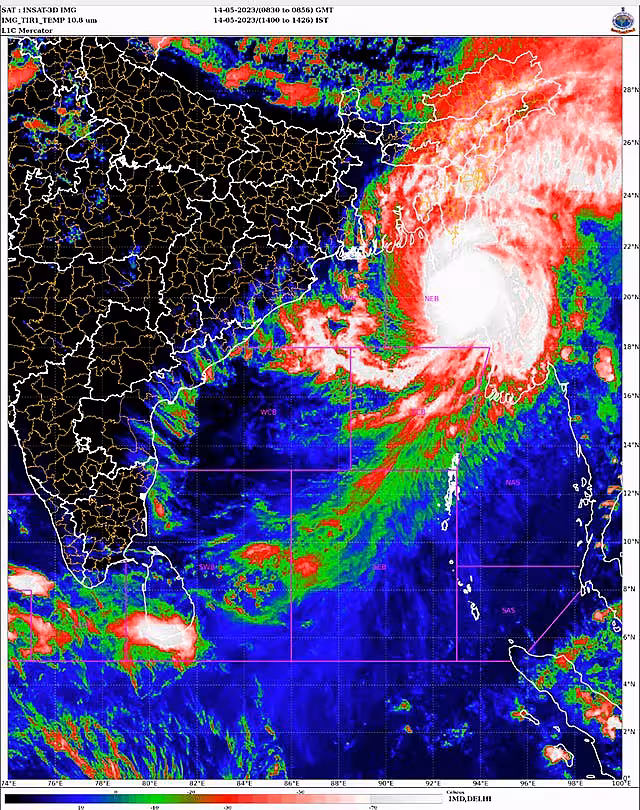 A satellite image showing storm Mocha intensifying into a severe cyclonic storm 