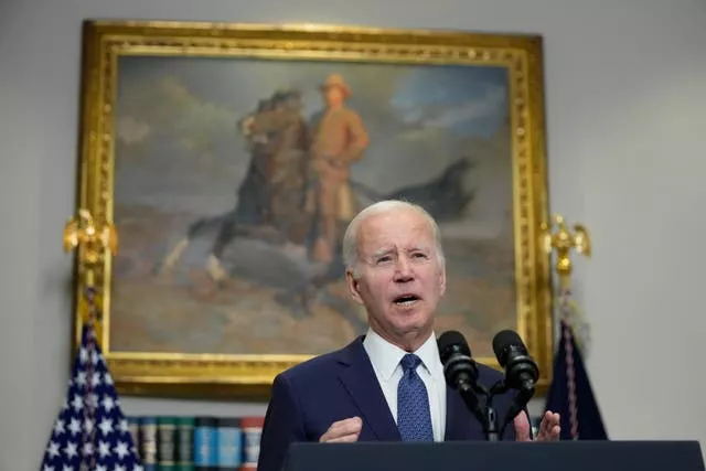 President Joe Biden speaks in the Roosevelt Room of the White House on Sunday, May 28, 2023, in Washington