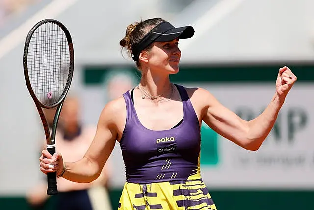 Elina Svitolina celebrates her win over Storm Hunter