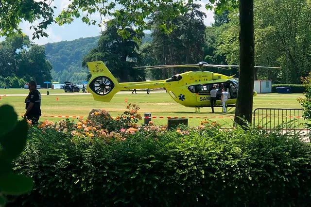 A medical helicopter is seen after the attack