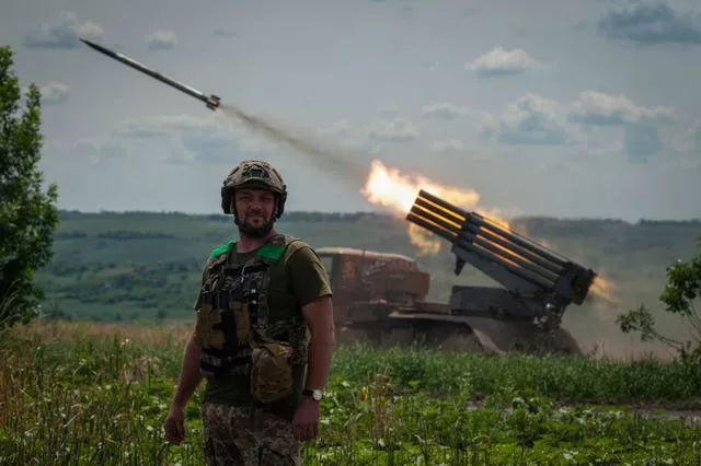 A Ukrainian MSLR BM-21 'Grad' fires towards Russian positions, near Bakhmut at the front line in the Donetsk region, Ukraine