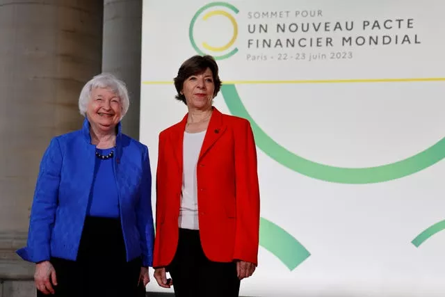 French foreign minister Catherine Colonna, right, welcomes US Treasury secretary Janet Yellen at the New Global Financial Summit in Paris