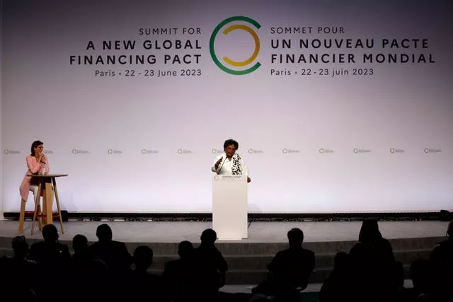 Prime Minister of Barbados Mia Mottley delivers her speech at the New Global Financial summit in Paris