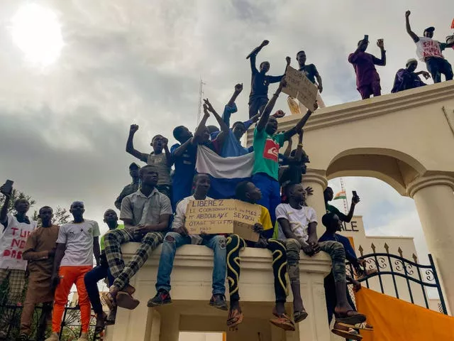 Supporters of Niger’s ruling junta gather at the start of a protest called to fight for the country’s freedom and push back against foreign interference in Niamey, Niger
