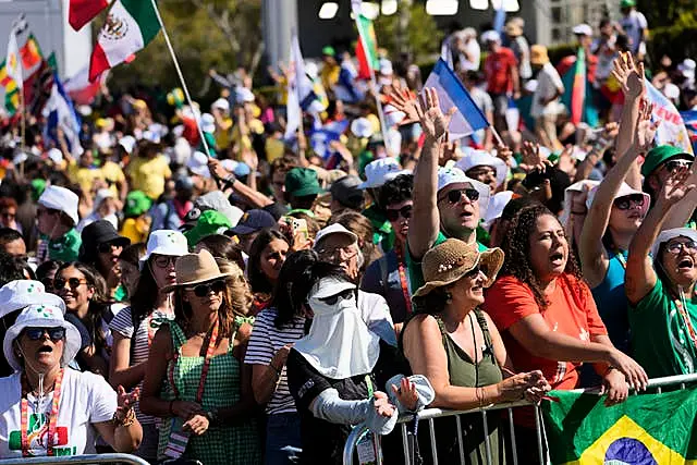 Crowds of people wave flags