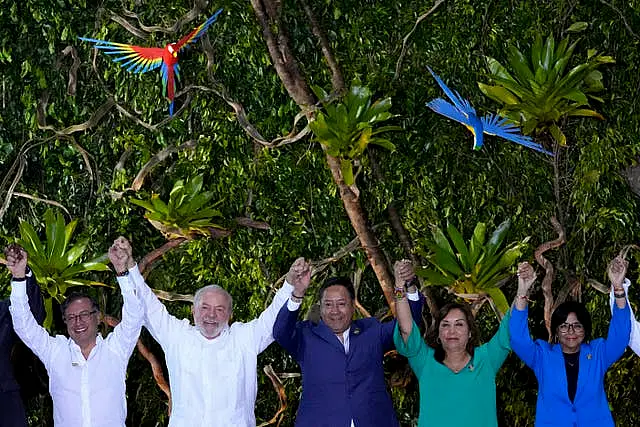 From left, Colombia’s President Gustavo Petro, Brazil’s President Luiz Inacio Lula Da Silva, Bolivia’s President Luis Arce, Peru’s President Dina Boluarte and Venezuela’s vice president Delcy Rodriguez