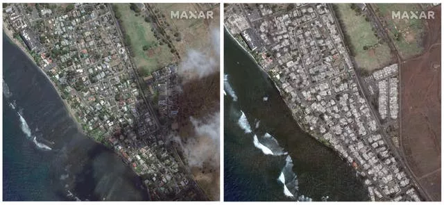 Satellite images show an overview of southern Lahaina on Maui, Hawaii, on June 25, 2023, left, and an overview of the same area on Wednesday, August 9