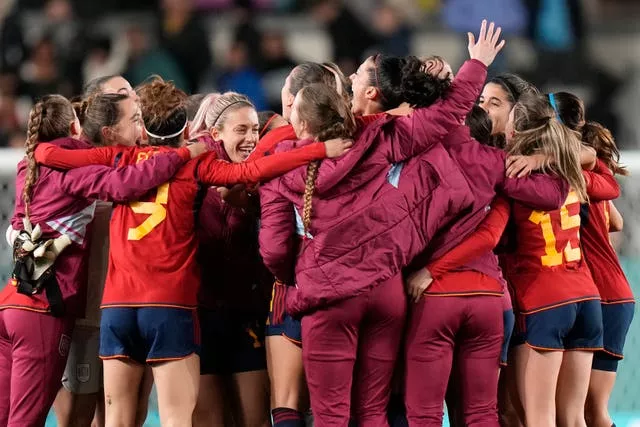 Spain’s players celebrate after reaching the Women’s World Cup final