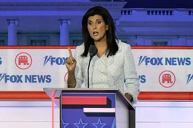 Former UN ambassador Nikki Haley speaks during a Republican presidential primary debate in Milwaukee