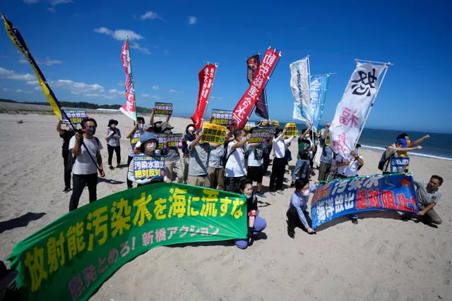 People protest at a beach towards the Fukushima Daiichi nuclear power plant, damaged by a massive 2011, earthquake and tsunami, in Namie town, north-eastern Japan