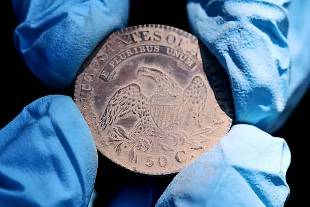 An 1828 Capped Bust Half Dollar, one of the coins found in the lead box believed to have been placed in the base of a monument by cadets almost two centuries ago, in West Point, NY