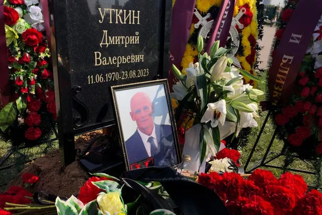 A view of the grave of Dmitry Utkin, who oversaw Wagner Group’s military operations, at the Federal Military Memorial Cemetery in Mytishchy, outside Moscow, Russia