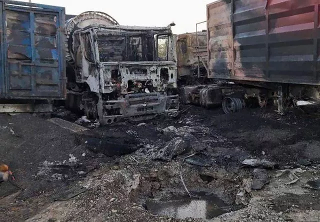 Burnt trucks in Odesa, Ukraine, following Russian drone attacks