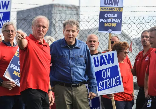 US Senator Sherrod Brown on the picket line at the Stellantis Toledo Assembly Complex in Ohio