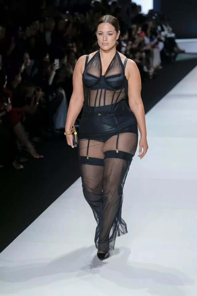 Ashley Graham wears a creation as part of the Dolce & Gabbana women’s Spring Summer 2024 collection presented in Milan, Italy