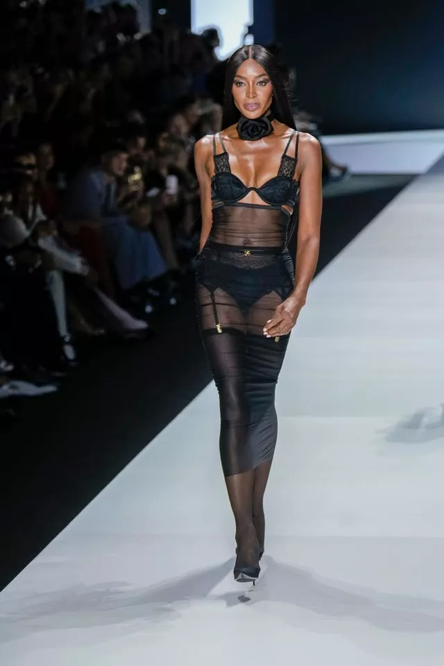 Naomi Campbell wears a creation as part of the Dolce & Gabbana women’s Spring Summer 2024 collection presented in Milan, Italy