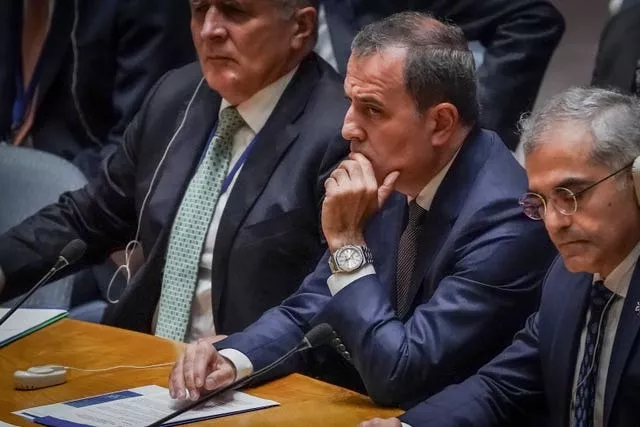 Azerbaijan’s foreign minister Jeyhun Bayramov, centre, listens during a United Nations Security Council meeting on the conflict between Armenia and Azerbaijan