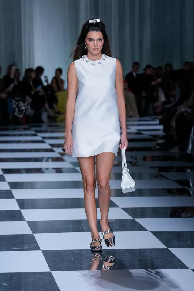 Kendall Jenner: Beige Mini Dress, Mule Sandals