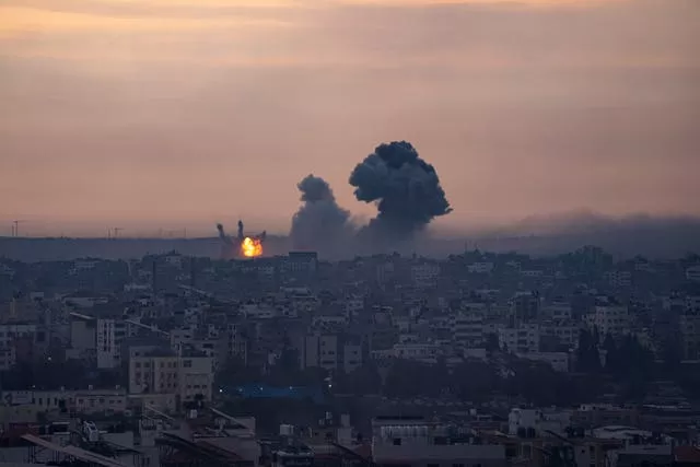 Smoke rises after the Israeli air strike in the Gaza Strip on Monday