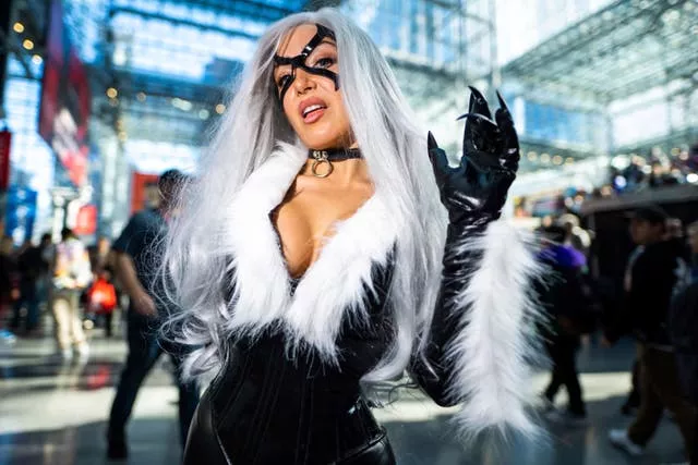 A woman dressed as Marvel’s Black Cat 