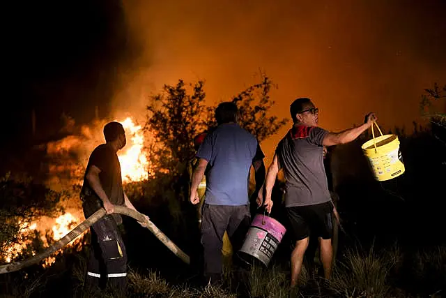 Neighbours work to put out a forest fire on the outskirts of Villa Carlos Paz in Cordoba province