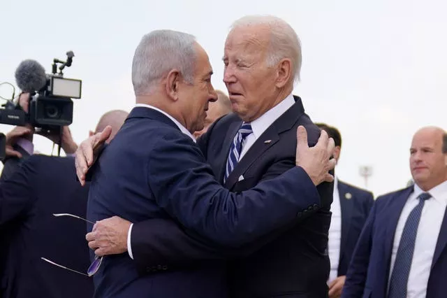 Joe Biden is greeted by Israeli Prime Minister Benjamin Netanyahu