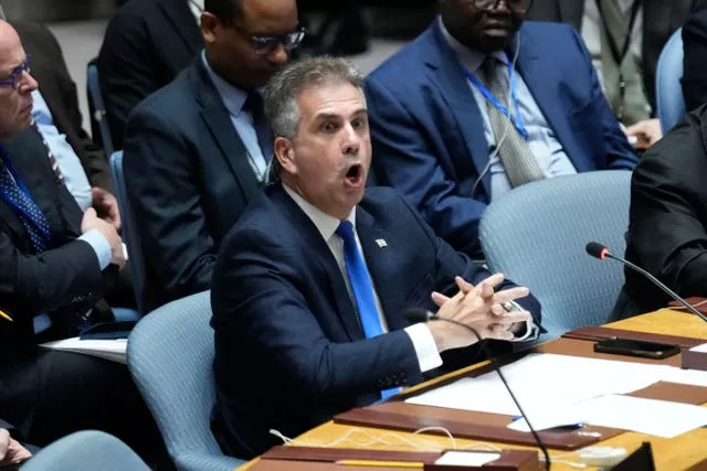 Eli Cohen speaks during the Security Council meeting