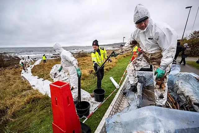 Personnel from the Coast Guard work on the clean-up after the oil leak from the grounded ferry Marco Polo on the coast of Horvik, southern Sweden on October 26 