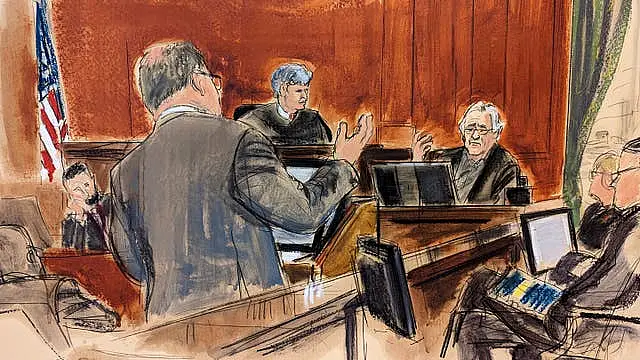 In this courtroom sketch, Robert De Niro, seated background right, is questioned by his lawyer Laurent Drogin, foreground, with Judge Lewis J Liman presiding, background centre, in Manhattan federal court in New York