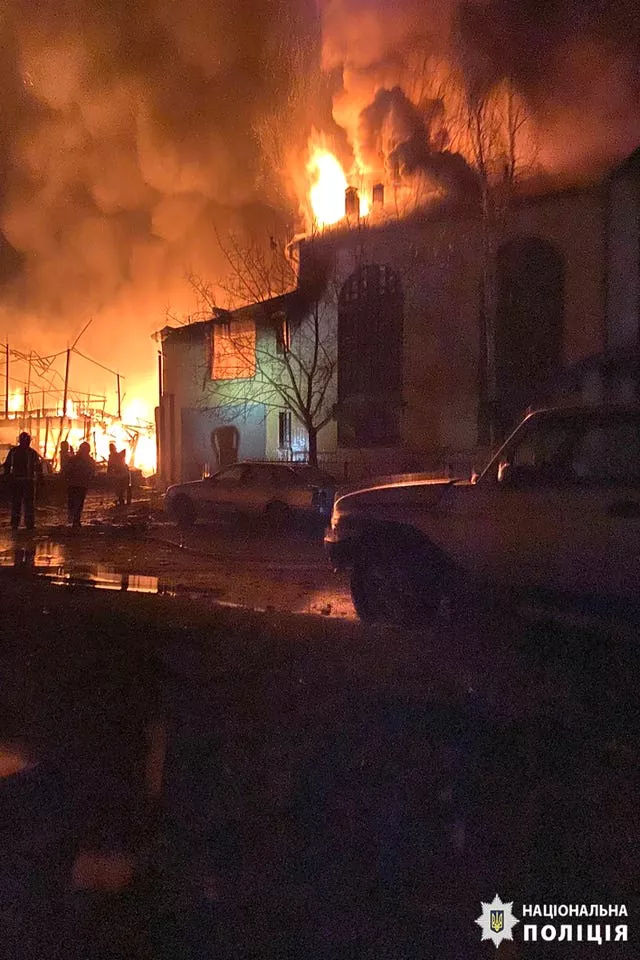 Crews tackle a fire in Kharkiv 