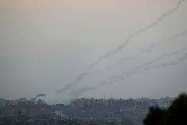Trails of rockets fired towards Israel from the Gaza Strip, as seen from southern Israel