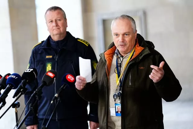 Chief police inspector and operational chief of PET Flemming Drejer, right, and senior police inspector and head of emergency services in Copenhagen Police Peter Dahl give a press briefing at the police station in Copenhagen, Denmark 