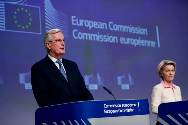 European Commission President Ursula von der Leyen and Michel Barnier address a media conference on Brexit negotiations at EU headquarters in Brussels 