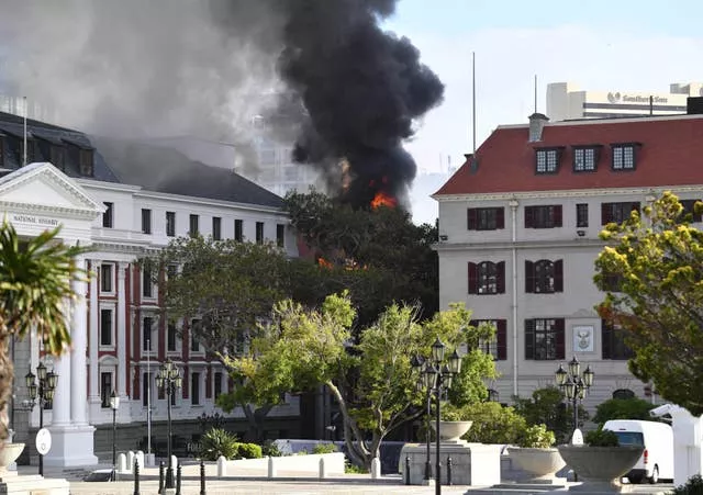 A fire burns at the Houses of Parliament in Cape Town, South Africa, in January 2022 