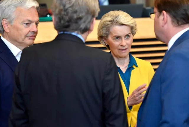 European Commission president Ursula von der Leyen, second right, with from left, Didier Reynders, Thierry Breton and Oliver Varhelyi at the College of Commissioners at EU headquarters in Brussels in 2022 