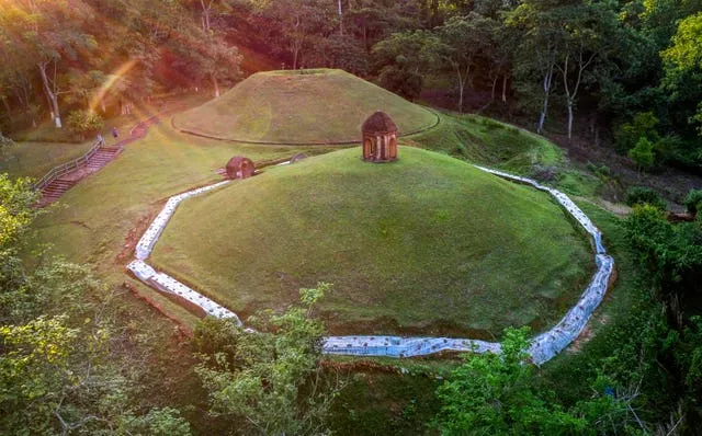 An aerial view of two burial mounds in Charaideo