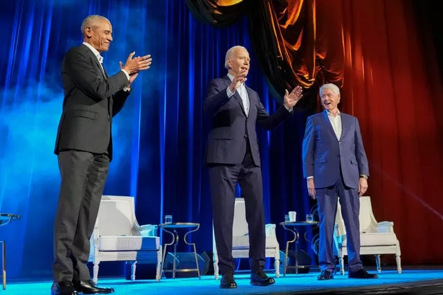 President Joe Biden and former presidents Barack Obama and Bill Clinton participate in a fundraising event at Radio City Music Hall on March 28 in New York 